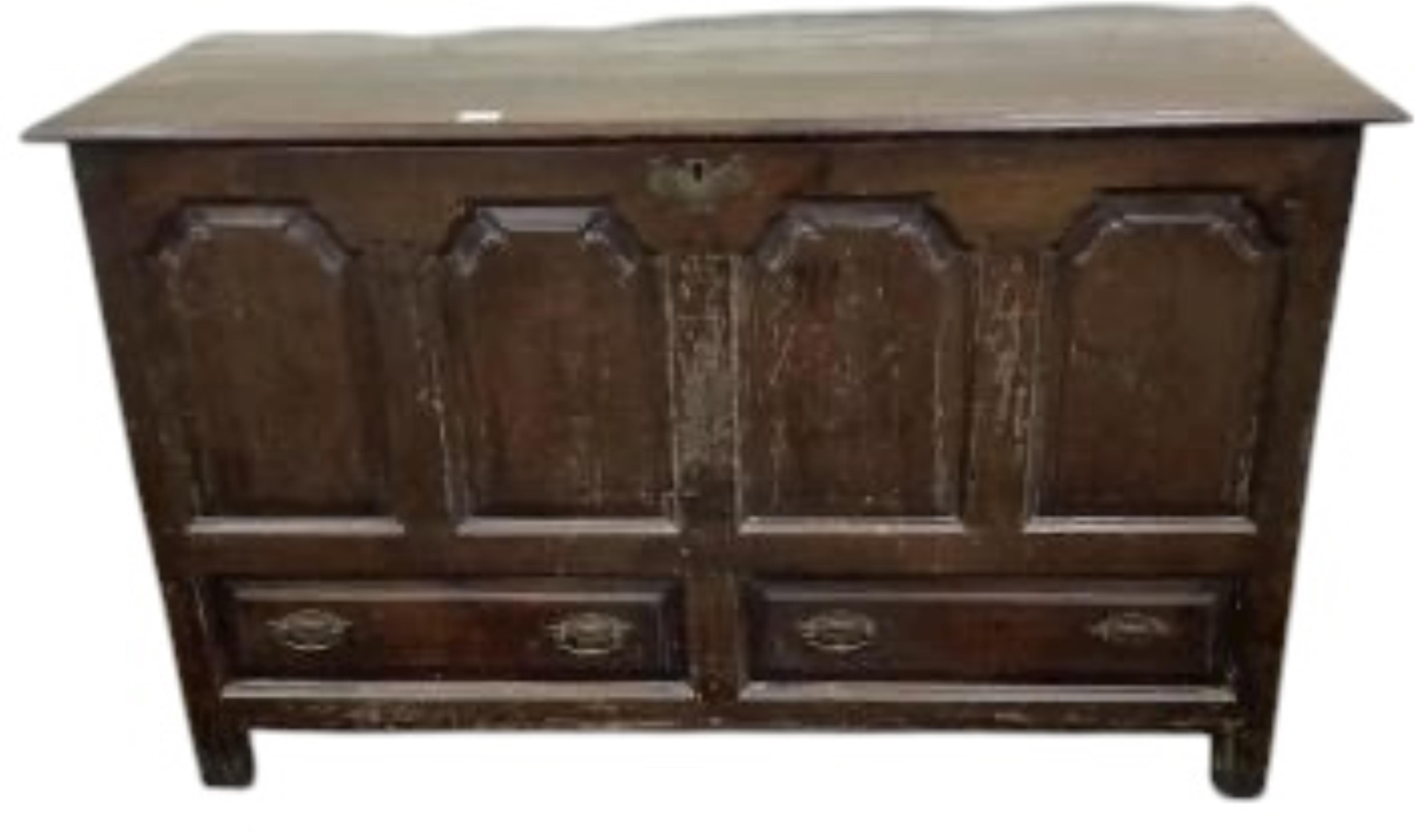 A mid 18th century North Wales oak mule chest, width 136cm, depth 53cm, height 84cm